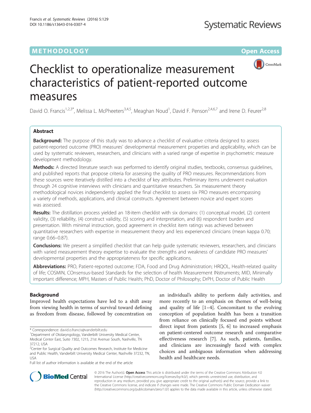 Checklist to Operationalize Measurement Characteristics of Patient-Reported Outcome Measures David O