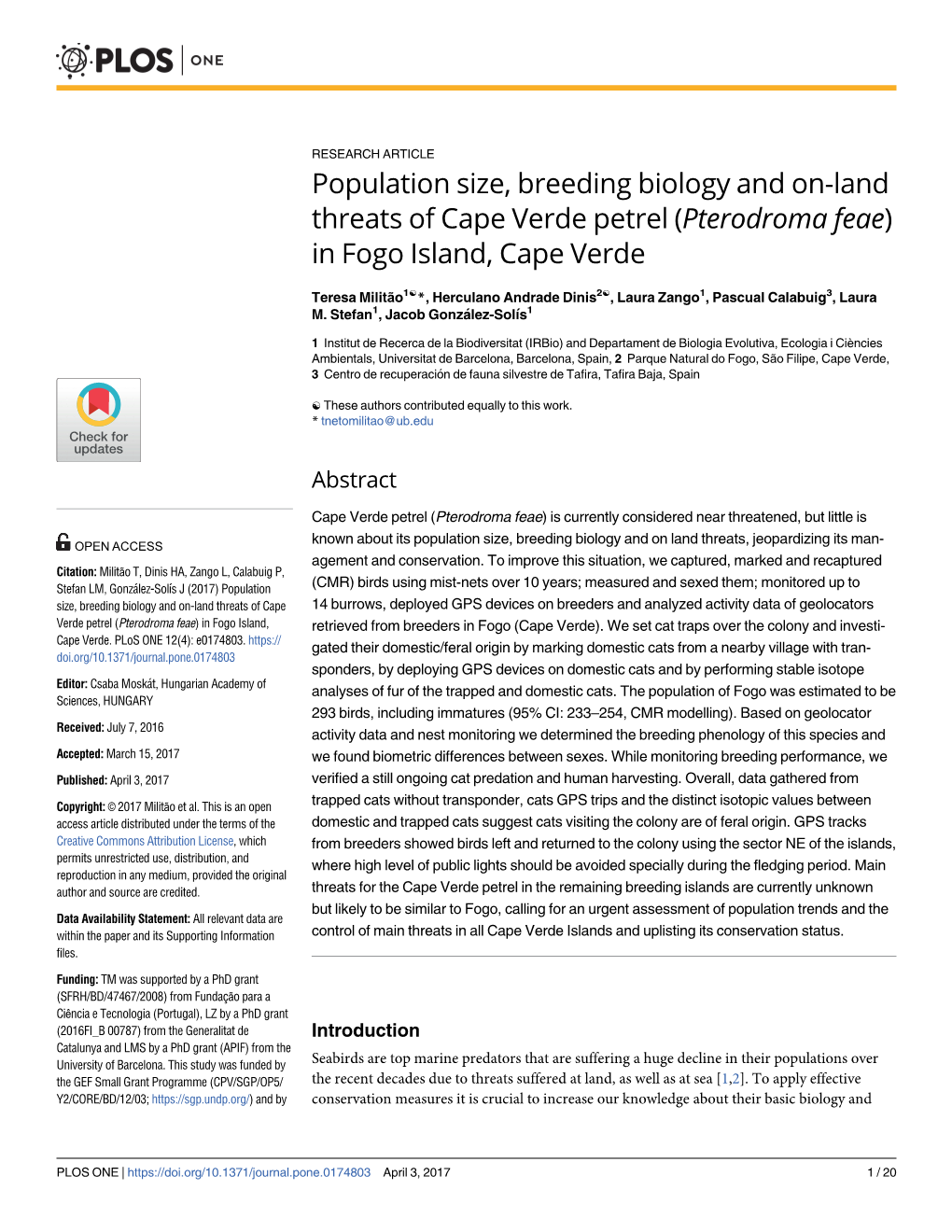 Population Size, Breeding Biology and On-Land Threats of Cape Verde Petrel (Pterodroma Feae) in Fogo Island, Cape Verde