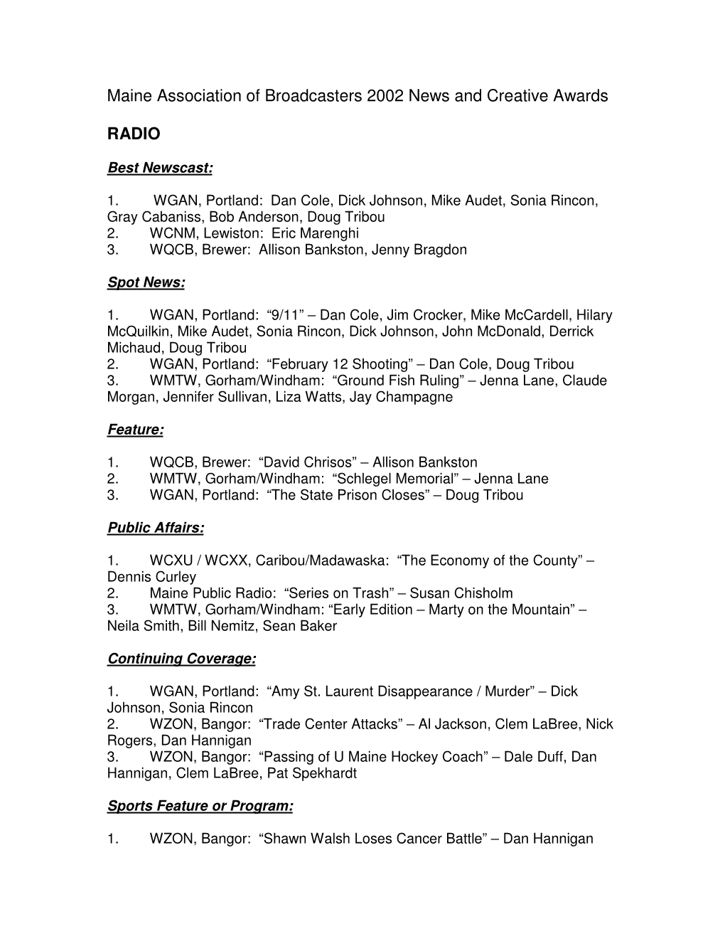 Maine Association of Broadcasters 2002 News and Creative Awards RADIO