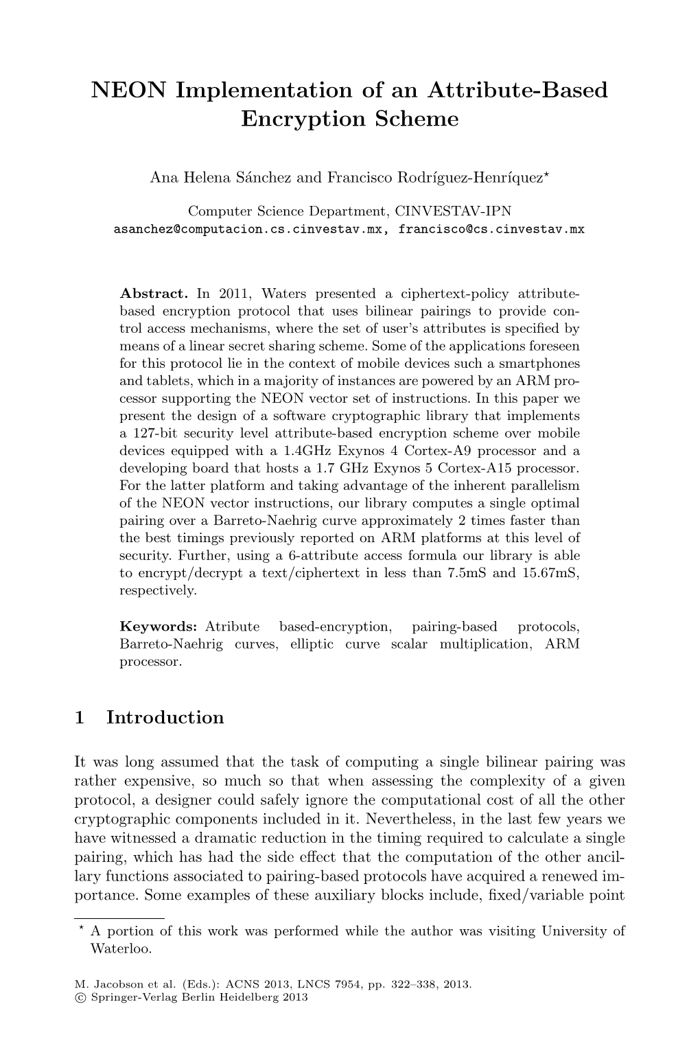 NEON Implementation of an Attribute-Based Encryption Scheme