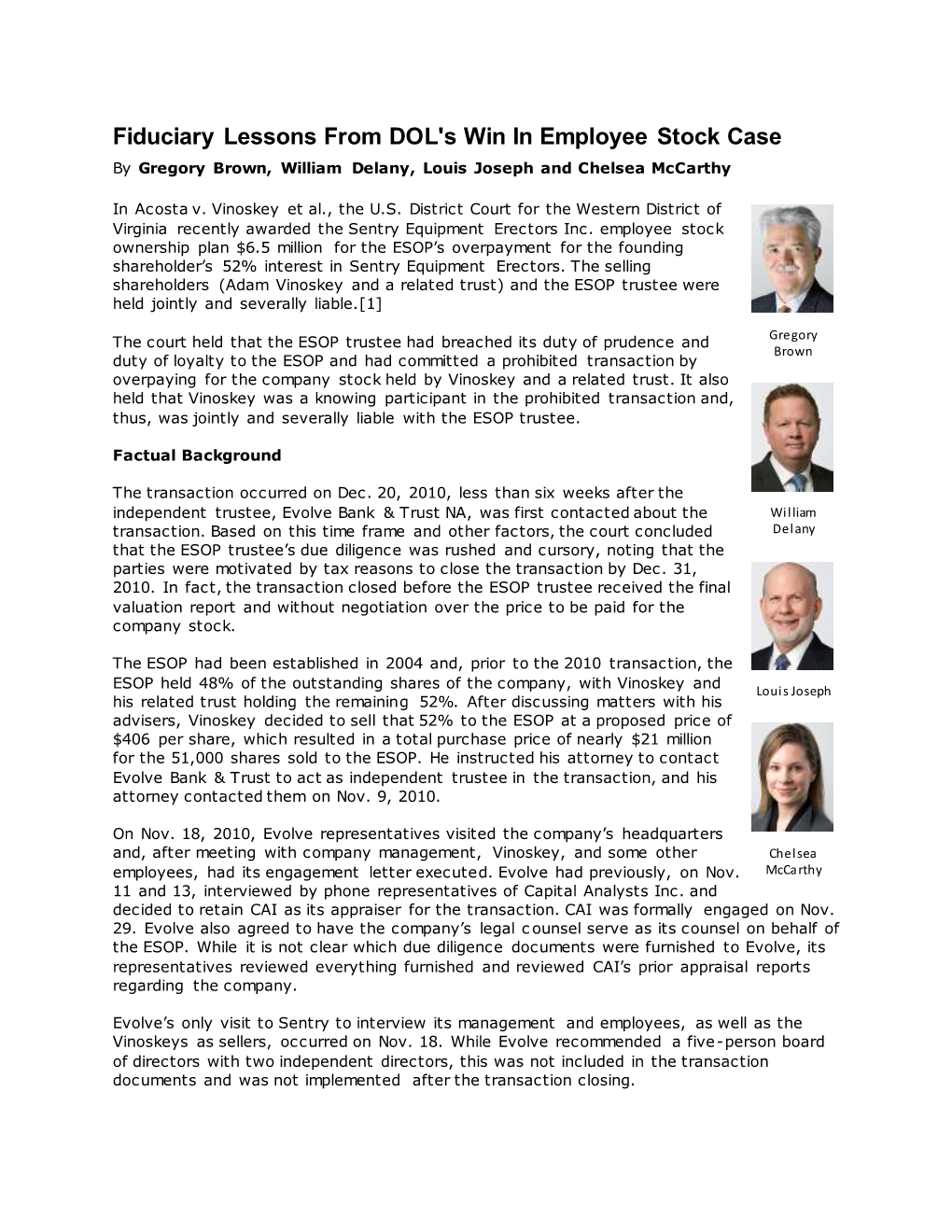 Fiduciary Lessons from DOL's Win in Employee Stock Case by Gregory Brown, William Delany, Louis Joseph and Chelsea Mccarthy