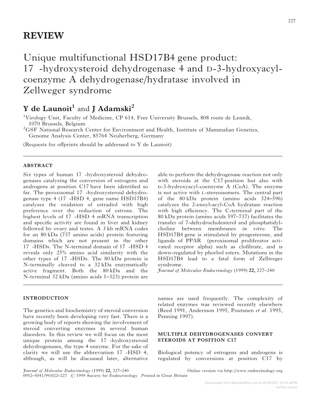 17Β-Hydroxysteroid Dehydrogenase 4 and D-3-Hydroxyacyl