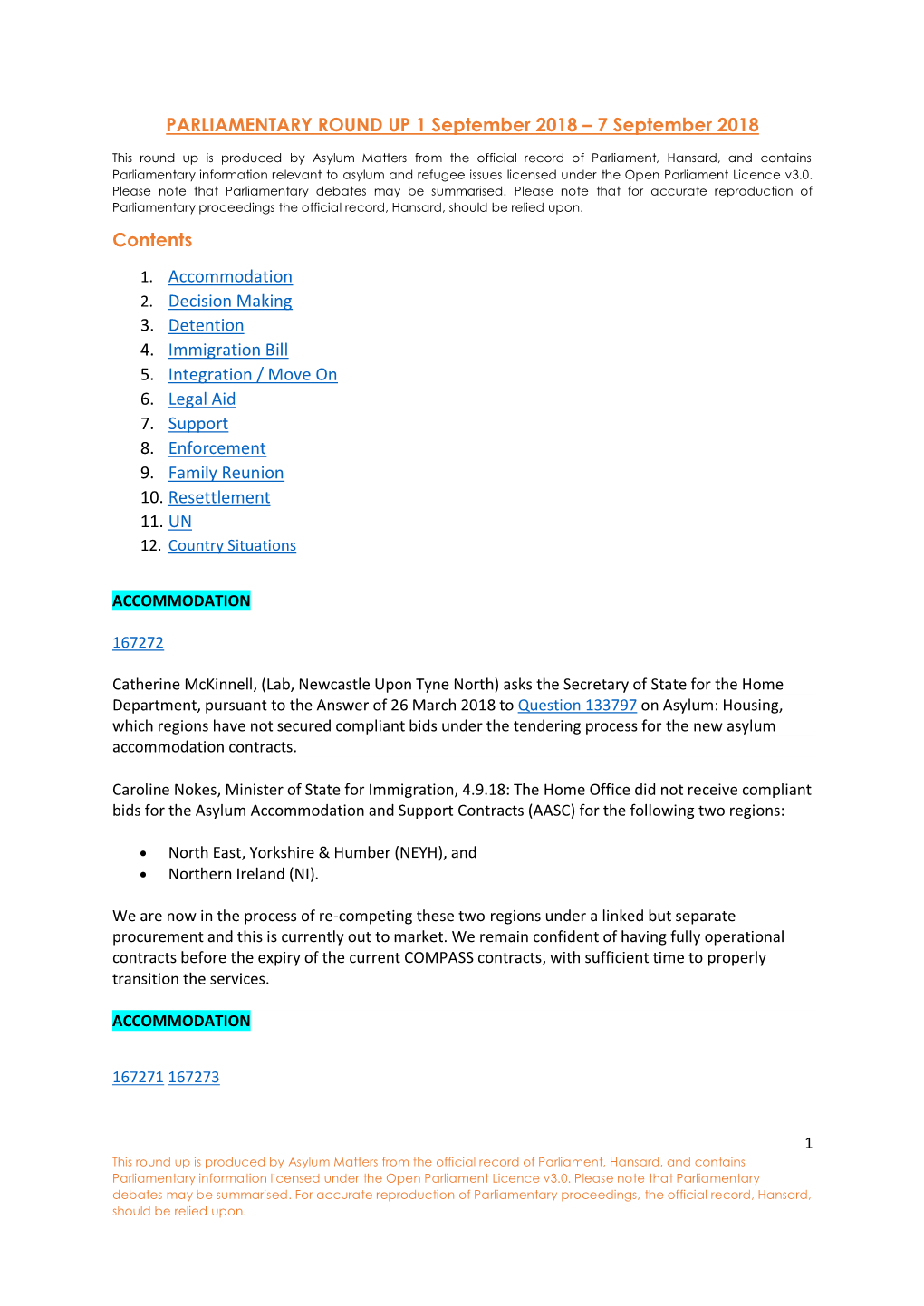 PARLIAMENTARY ROUND up 1 September 2018 – 7 September 2018