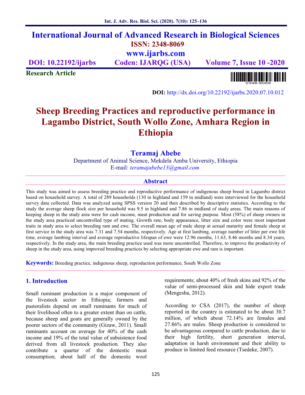 Sheep Breeding Practices and Reproductive Performance in Lagambo District, South Wollo Zone, Amhara Region in Ethiopia