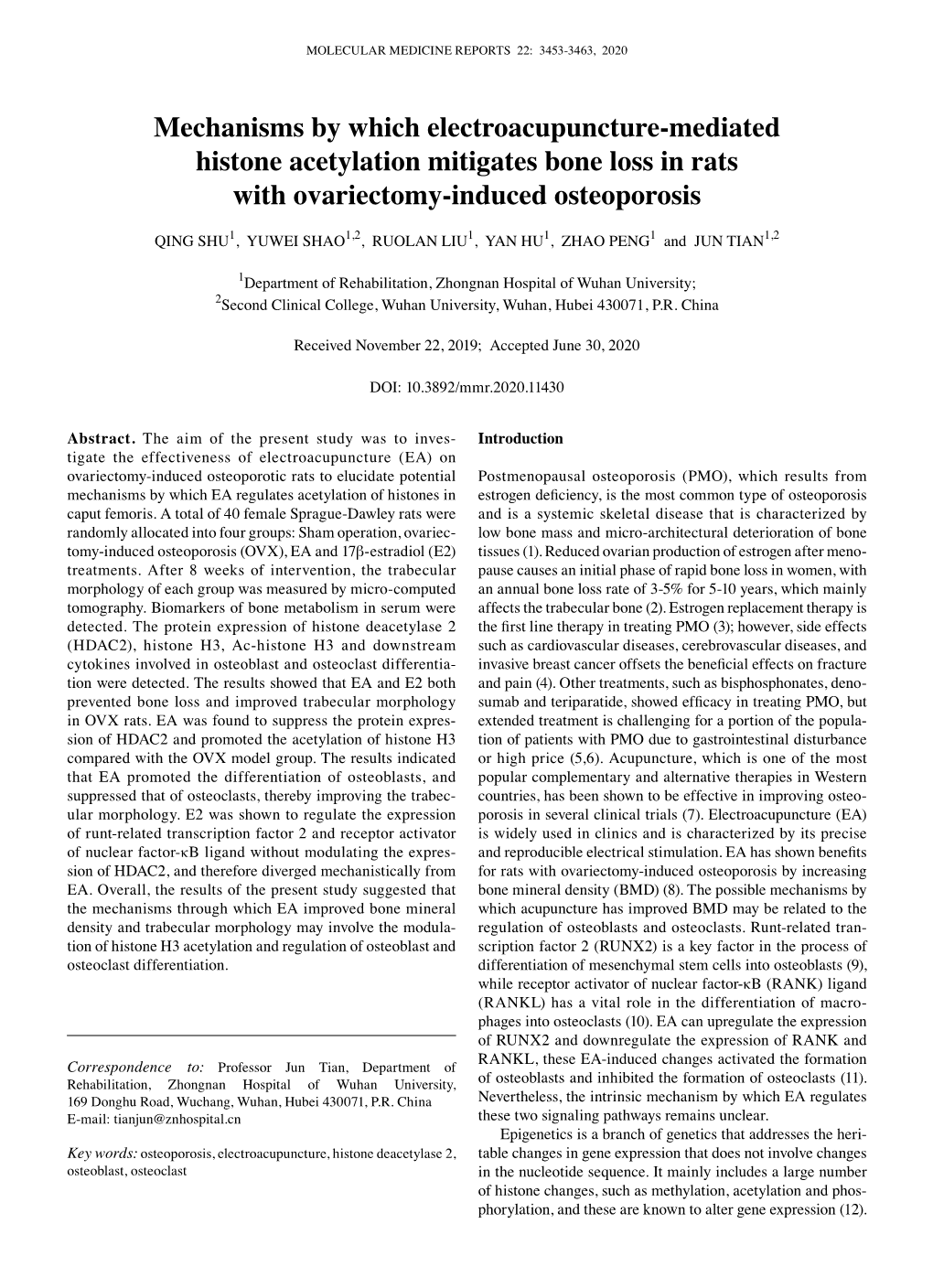 Mechanisms by Which Electroacupuncture‑Mediated Histone Acetylation Mitigates Bone Loss in Rats with Ovariectomy‑Induced Osteoporosis