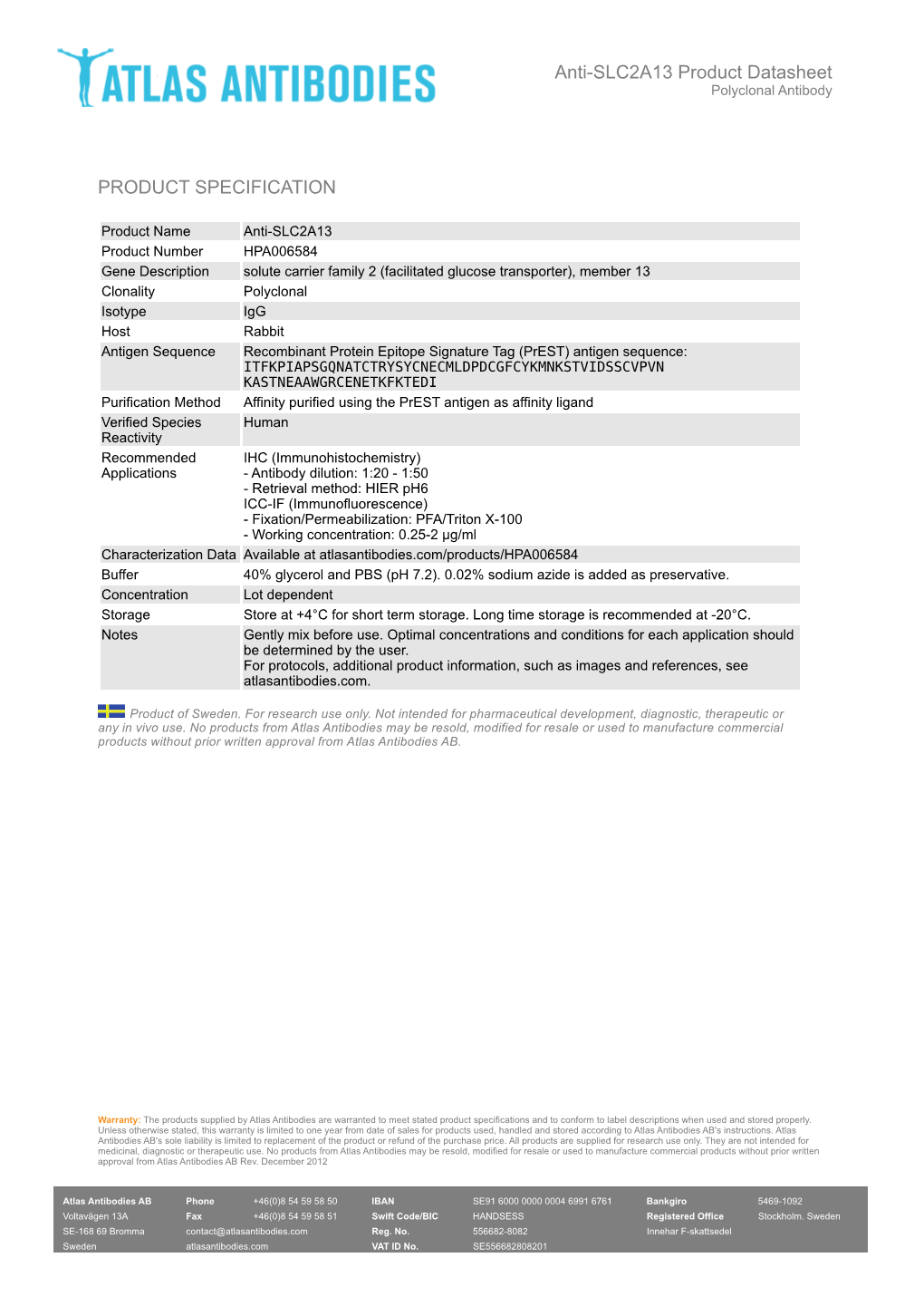 PRODUCT SPECIFICATION Anti-SLC2A13 Product Datasheet