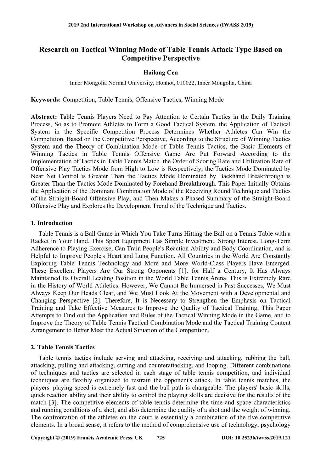 Research on Tactical Winning Mode of Table Tennis Attack Type Based on Competitive Perspective