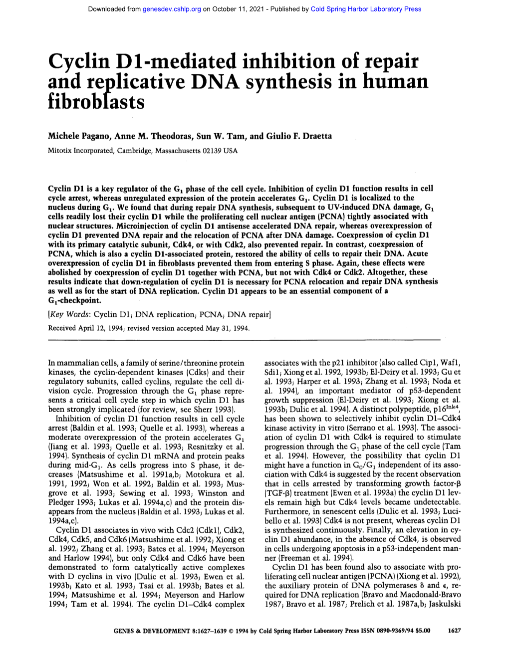 Cyclin D 1-Mediated Inhibition of Repair and Replicative DNA Synthesis in Human Fibrob|Asts