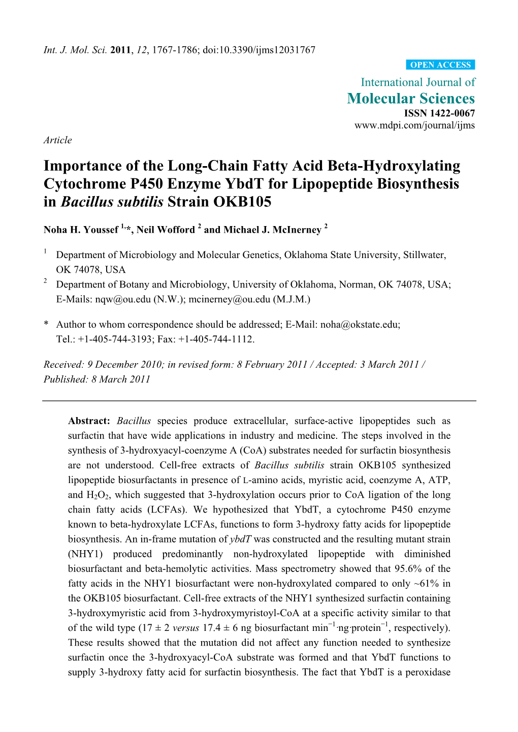 Importance of the Long-Chain Fatty Acid Beta-Hydroxylating Cytochrome P450 Enzyme Ybdt for Lipopeptide Biosynthesis in Bacillus Subtilis Strain OKB105