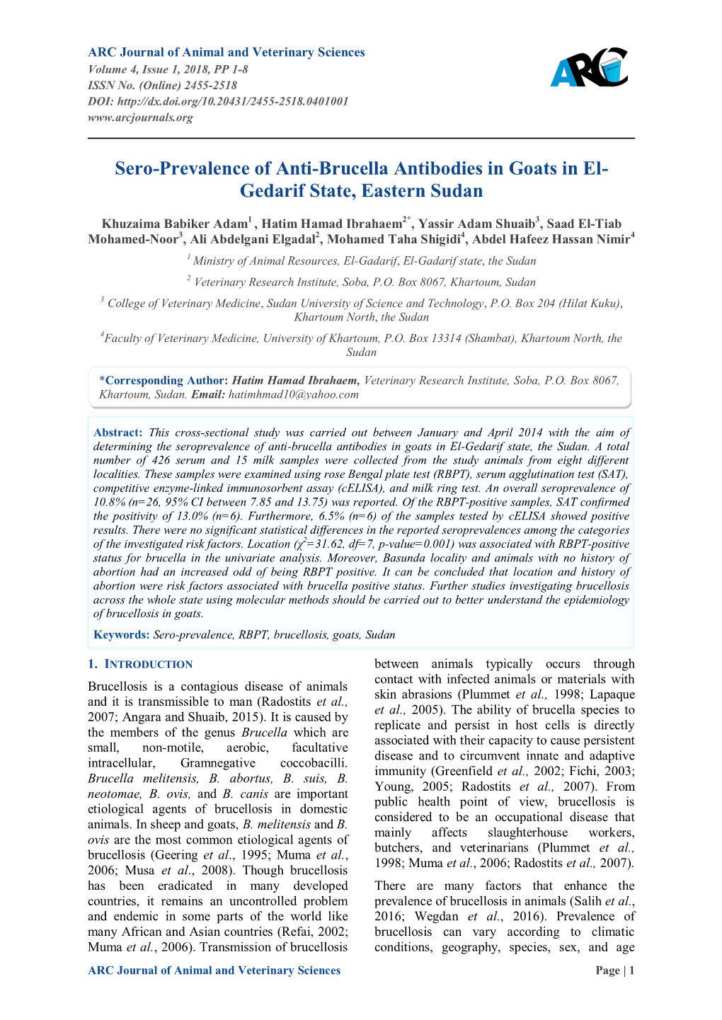 Sero-Prevalence of Anti-Brucella Antibodies in Goats in El- Gedarif State, Eastern Sudan