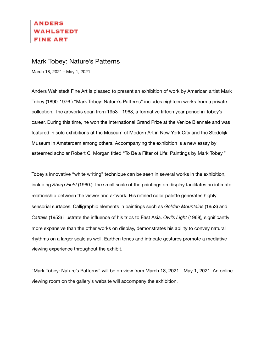 Mark Tobey Press Release