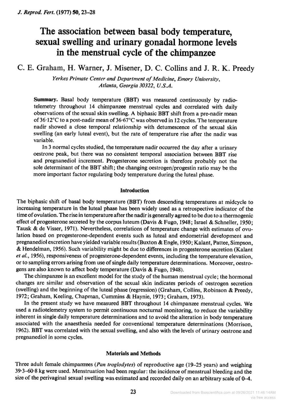 Sexual Swelling and Urinary Gonadal Hormone Levels in the Menstrual Cycle of the Chimpanzee C