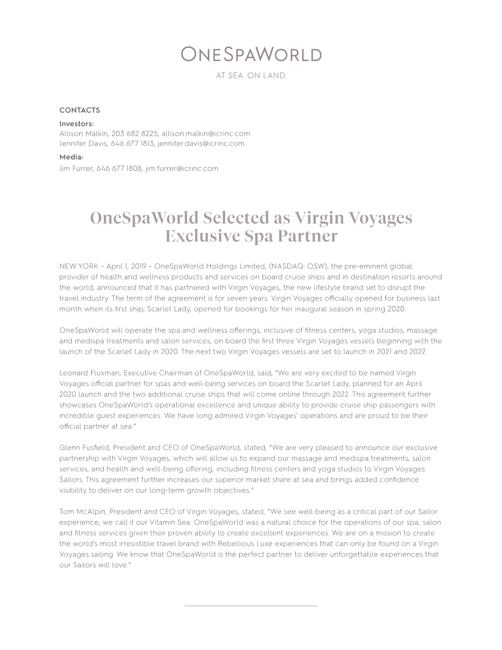 Onespaworld Selected As Virgin Voyages Exclusive Spa Partner