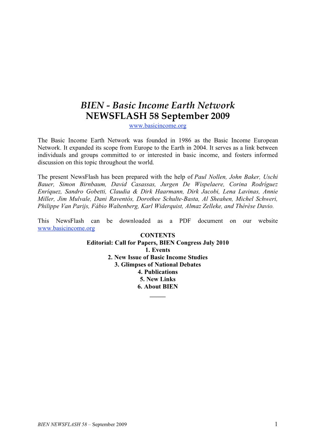 BIEN - Basic Income Earth Network NEWSFLASH 58 September 2009