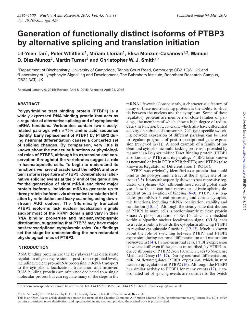 Generation of Functionally Distinct Isoforms of PTBP3 by Alternative