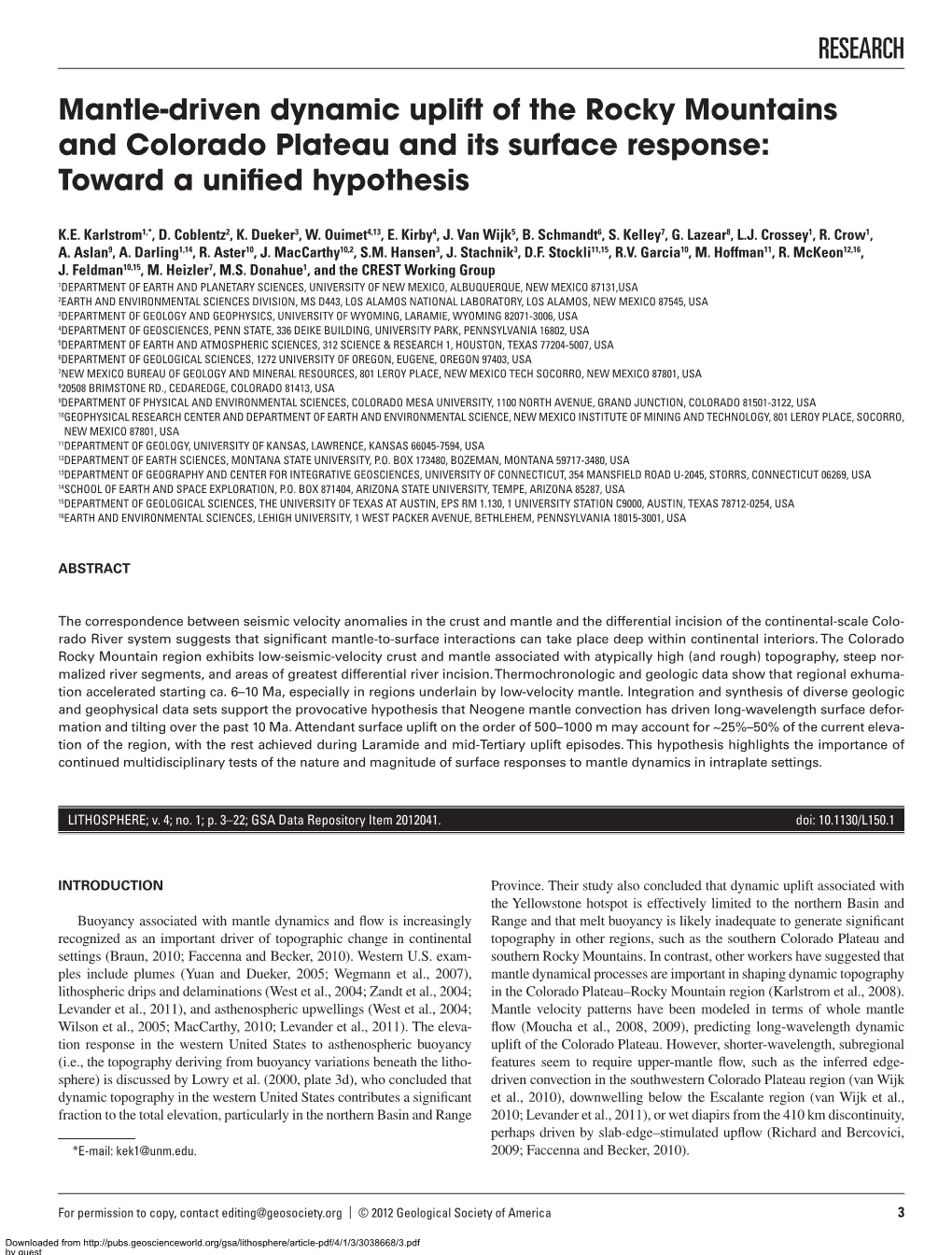 Mantle-Driven Dynamic Uplift of the Rocky Mountains and Colorado Plateau and Its Surface Response: Toward a Uniﬁ Ed Hypothesis