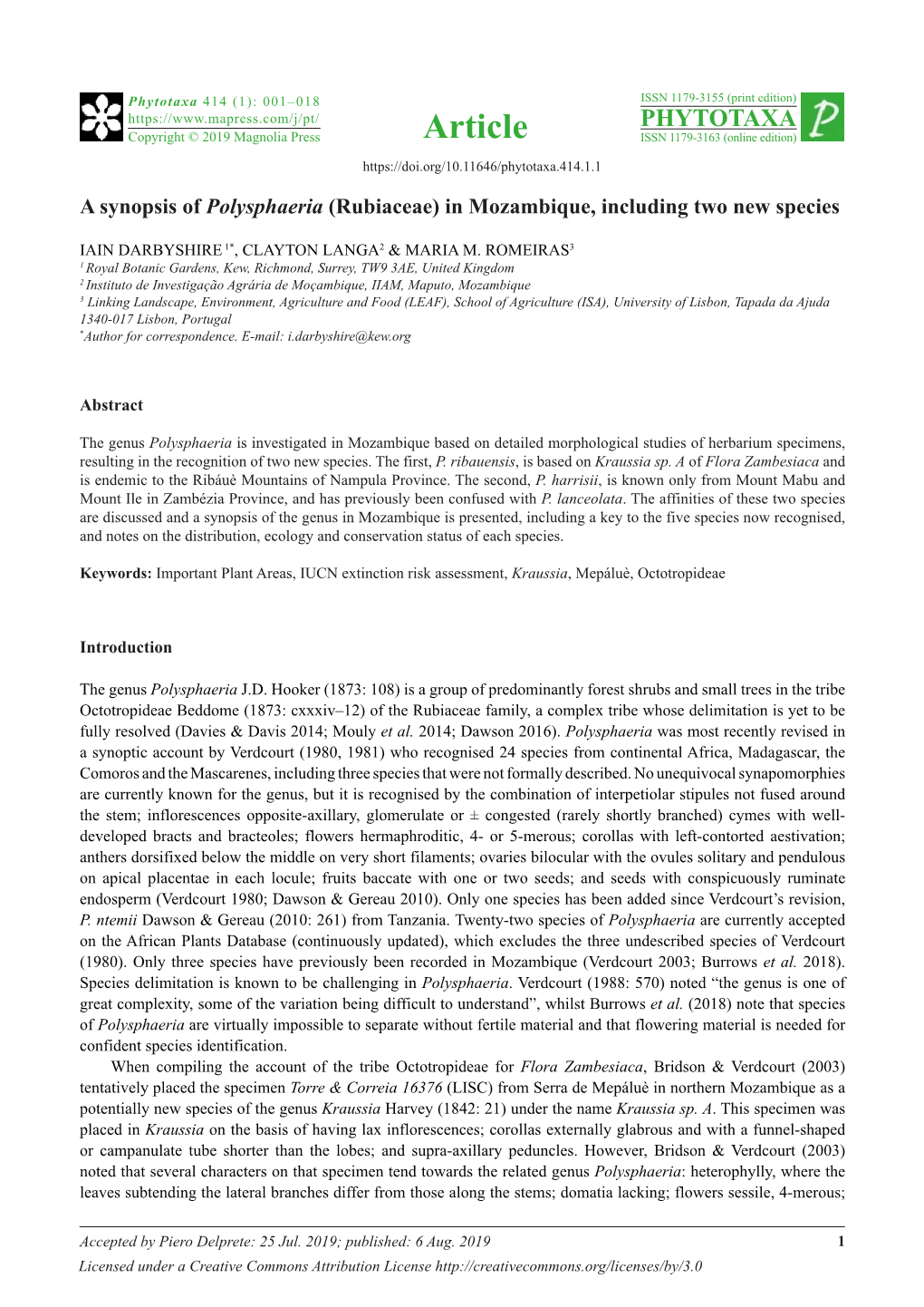 Rubiaceae) in Mozambique, Including Two New Species