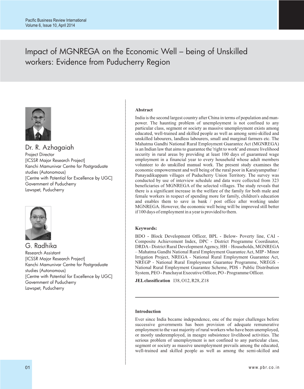 Impact of MGNREGA on the Economic Well – Being of Unskilled Workers: Evidence from Puducherry Region