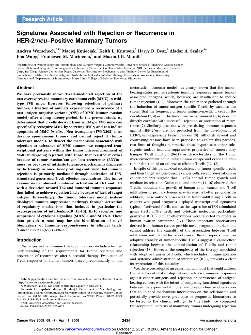 Signatures Associated with Rejection Or Recurrence in HER-2/Neu–Positive Mammary Tumors