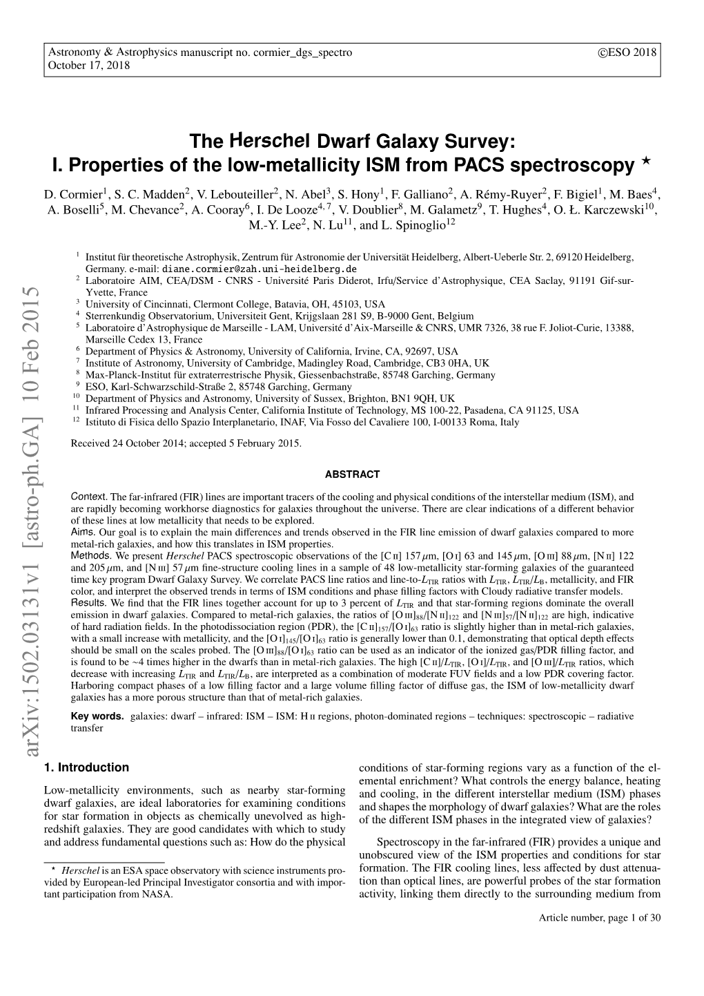 The Herschel Dwarf Galaxy Survey: I. Properties of the Low-Metallicity ISM from PACS Spectroscopy ? D