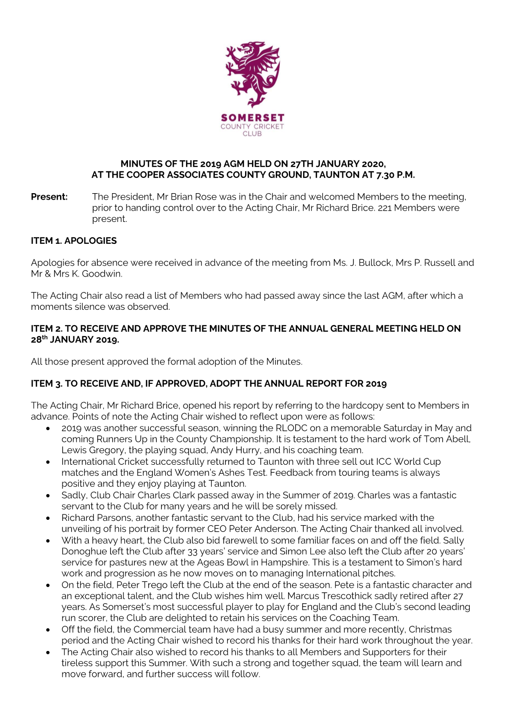 Minutes of the 2019 Agm Held on 27Th January 2020, at the Cooper Associates County Ground, Taunton at 7.30 P.M