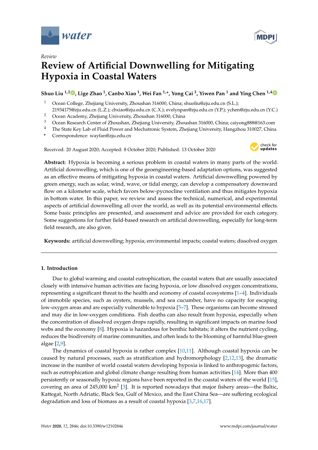 Review of Artificial Downwelling for Mitigating Hypoxia in Coastal Waters