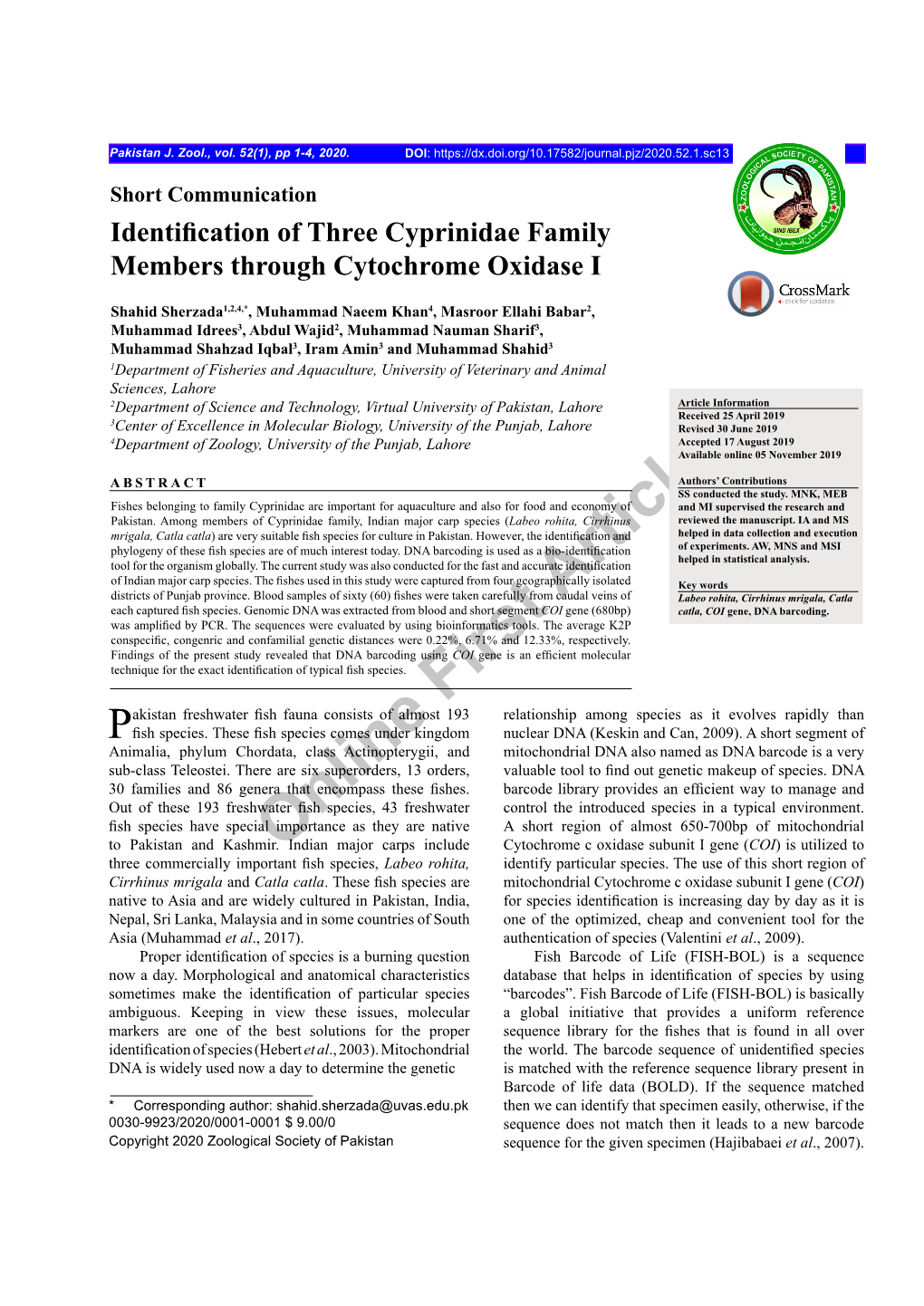 Online First Article Identification of Three Cyprinidae Family Members Through Cytochrome Oxidase I