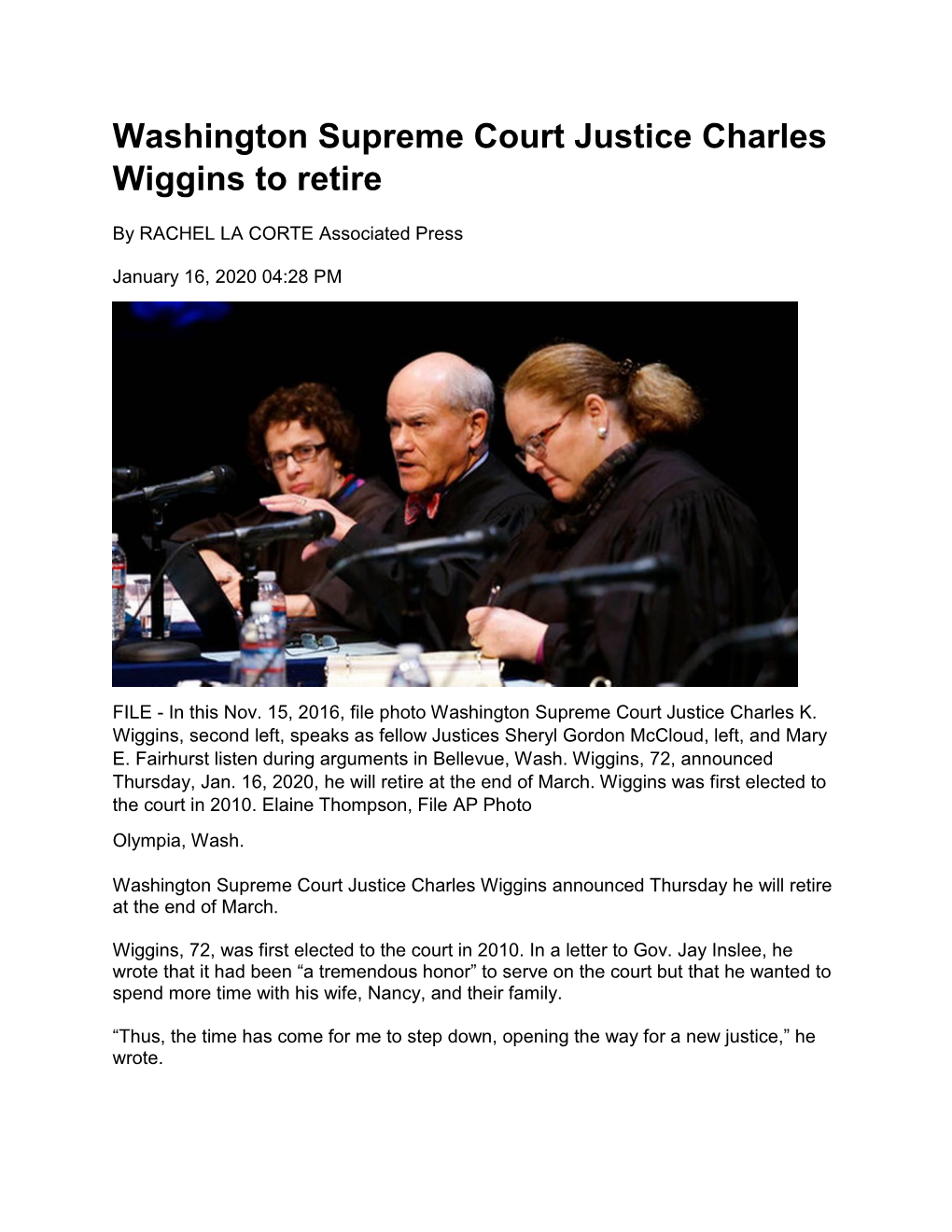 Washington Supreme Court Justice Charles Wiggins to Retire
