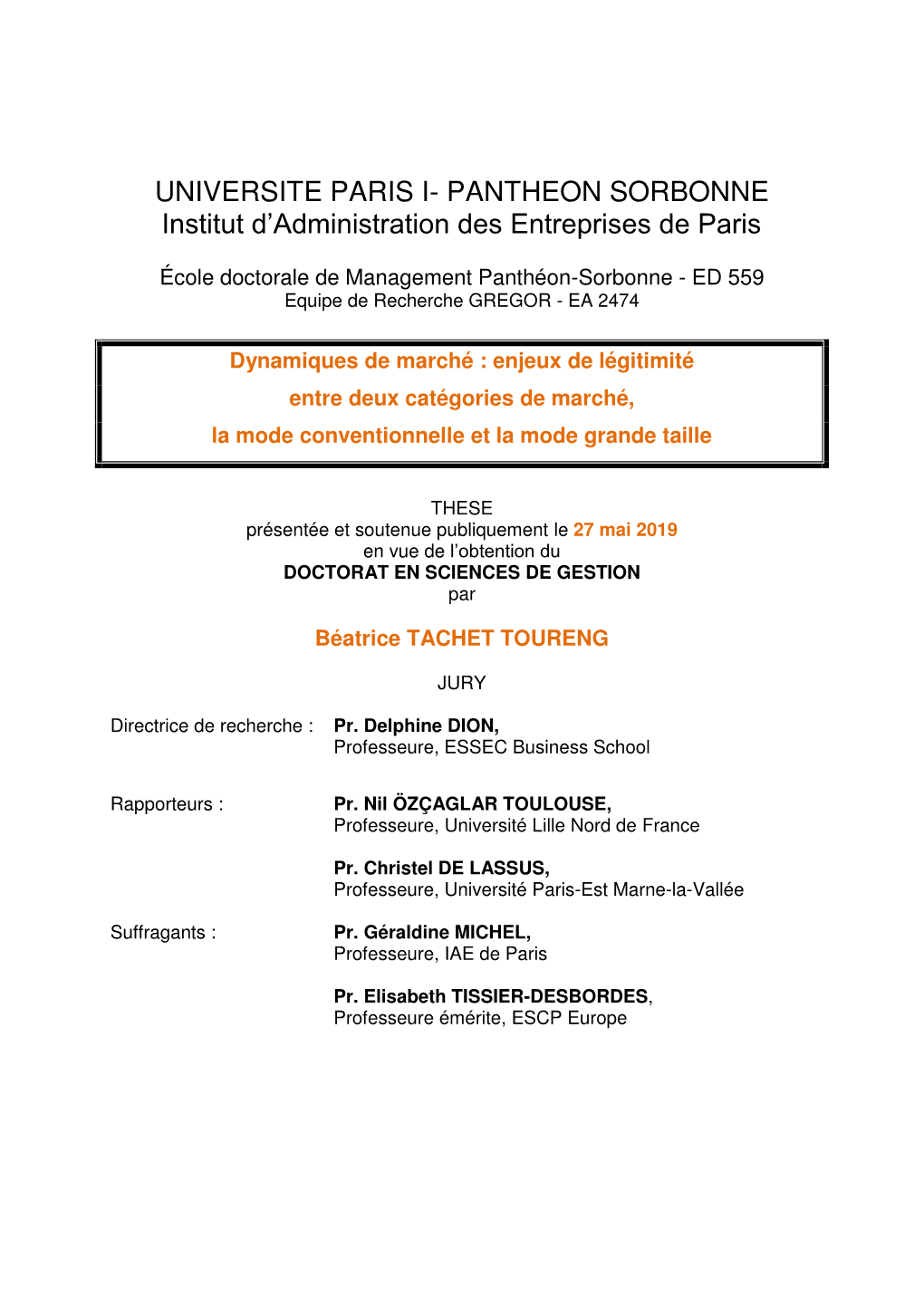 UNIVERSITE PARIS I- PANTHEON SORBONNE Institut D’Administration Des Entreprises De Paris
