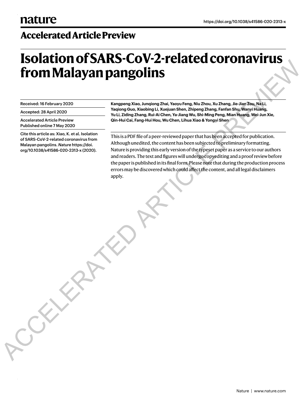 Isolation of SARS-Cov-2-Related Coronavirus from Malayan Pangolins W