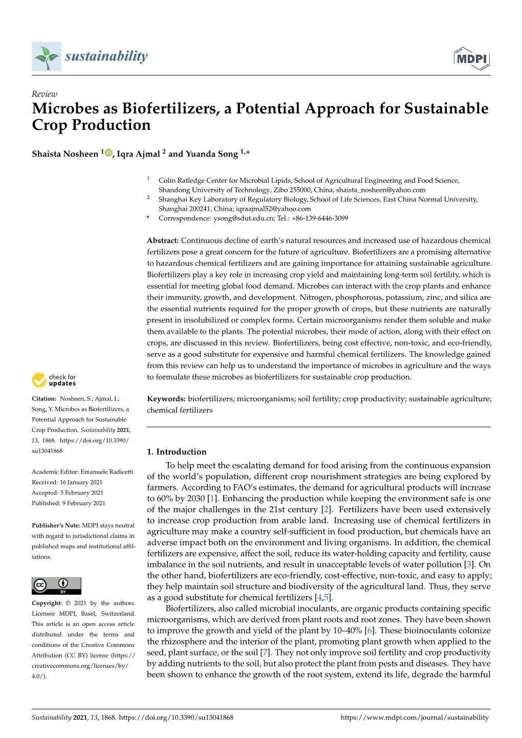 Microbes As Biofertilizers, a Potential Approach for Sustainable Crop Production