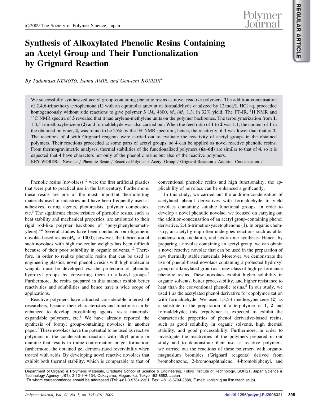 Synthesis of Alkoxylated Phenolic Resins Containing an Acetyl Group and Their Functionalization by Grignard Reaction