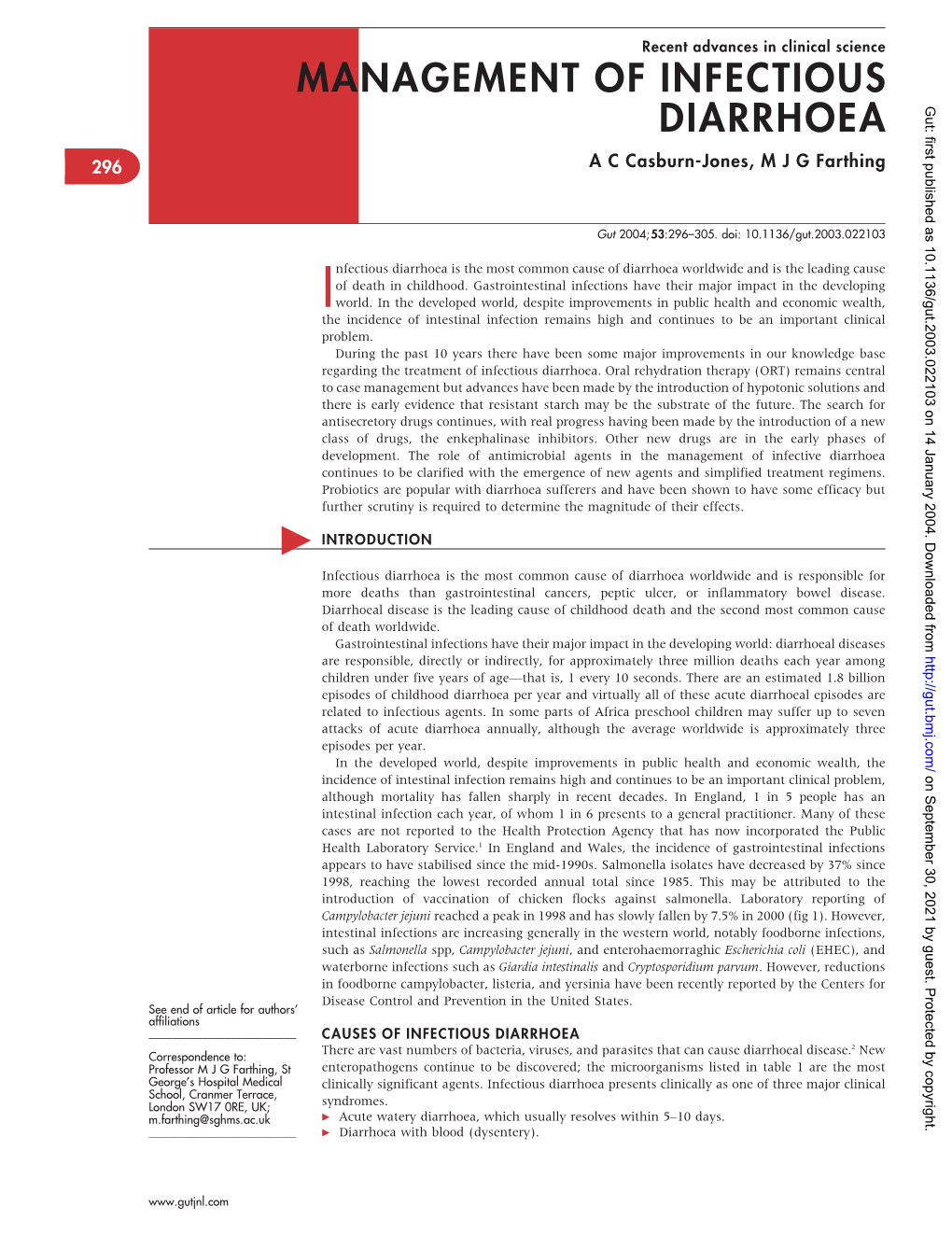 MANAGEMENT of INFECTIOUS DIARRHOEA Gut: First Published As 10.1136/Gut.2003.022103 on 14 January 2004