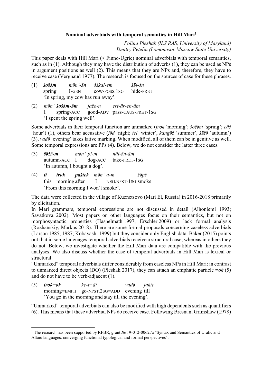 Nominal Adverbials with Temporal Semantics in Hill Mari1 Polina