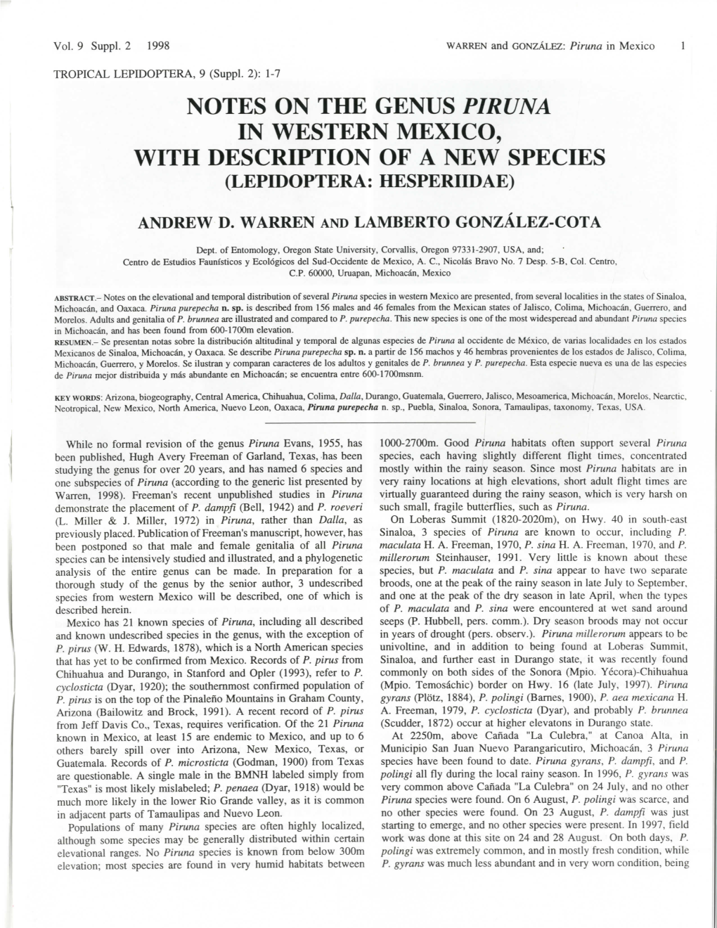 Notes on the Genus Piruna in Western Mexico, with Description of a New Species (Lepidoptera: Hesperiidae)