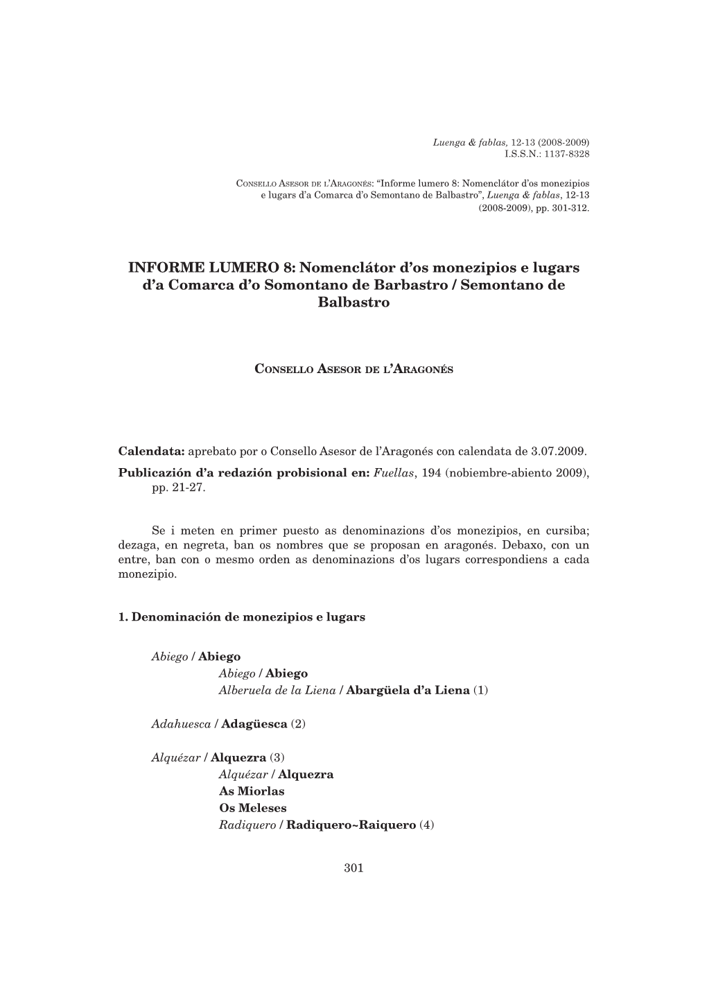 INFORME LUMERO 8: Nomenclátor D'os Monezipios E Lugars D'a Comarca D'o Somontano De Barbastro / Semontano De Balbastro