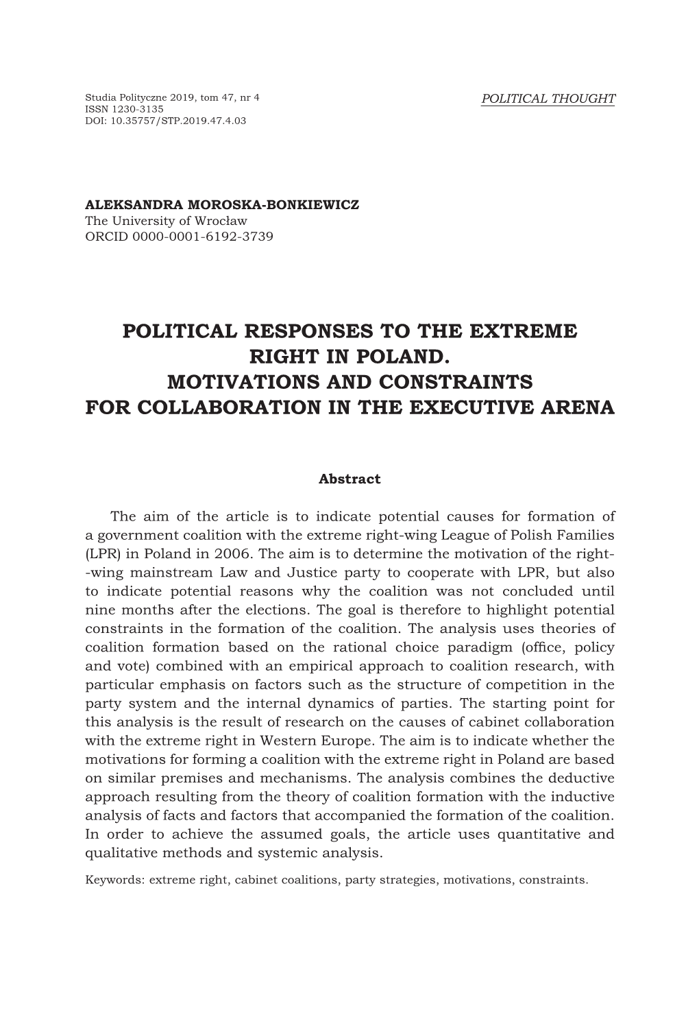 Political Responses to the Extreme Right in Poland. Motivations and Constraints for Collaboration in the Executive Arena