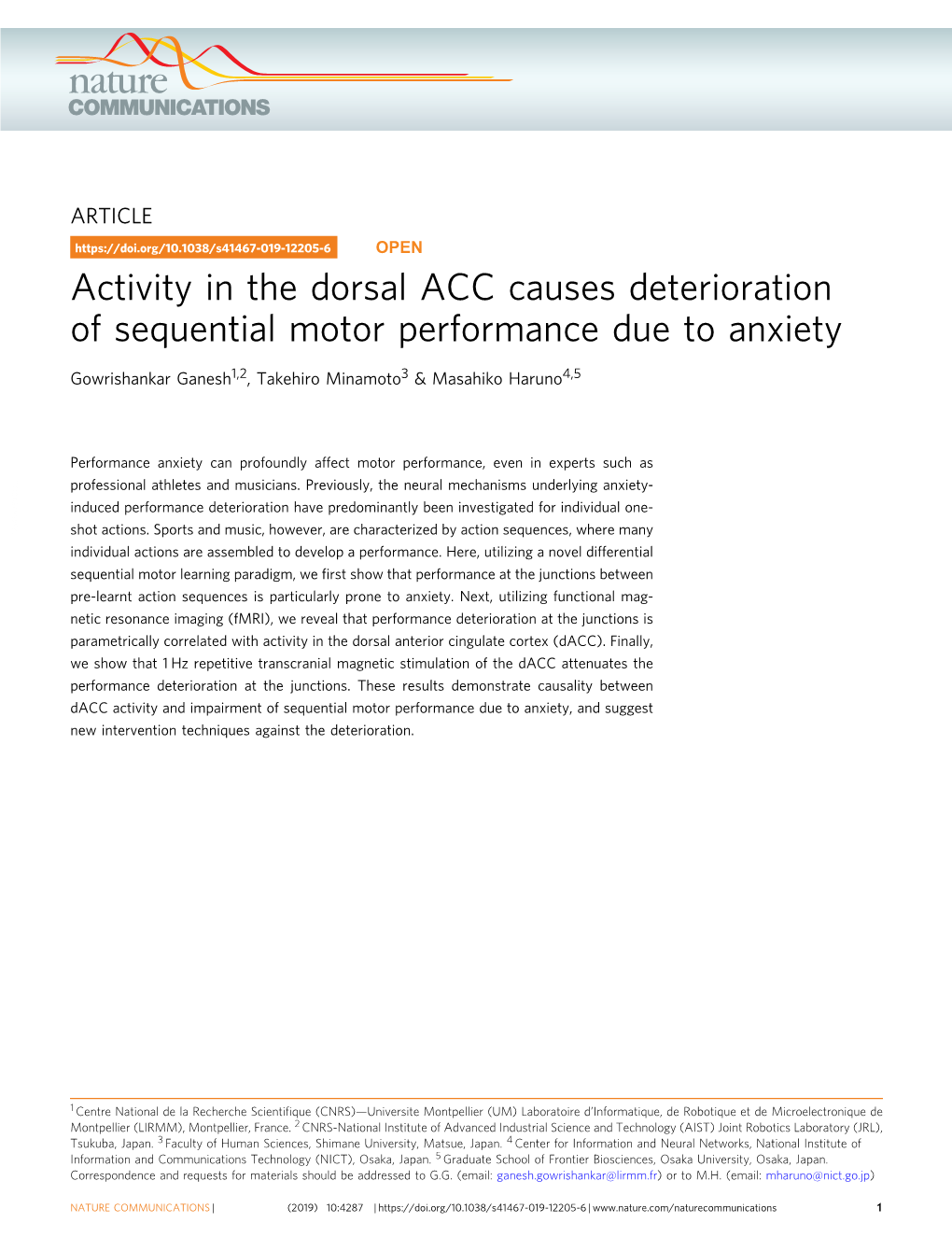 Activity in the Dorsal ACC Causes Deterioration of Sequential Motor Performance Due to Anxiety