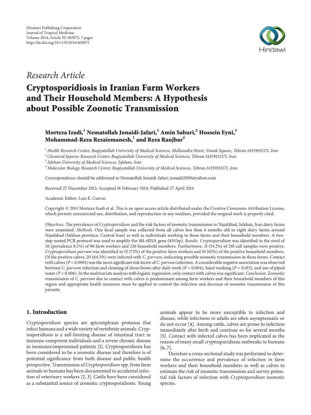 Cryptosporidiosis in Iranian Farm Workers and Their Household Members: a Hypothesis About Possible Zoonotic Transmission