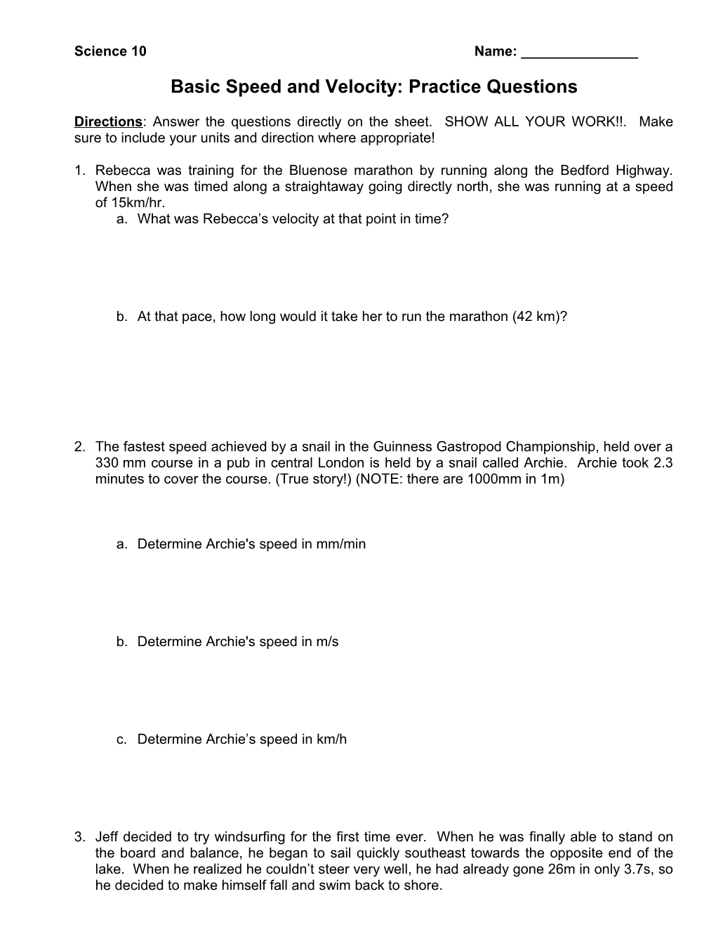 Basic Speed and Velocity: Practice Questions