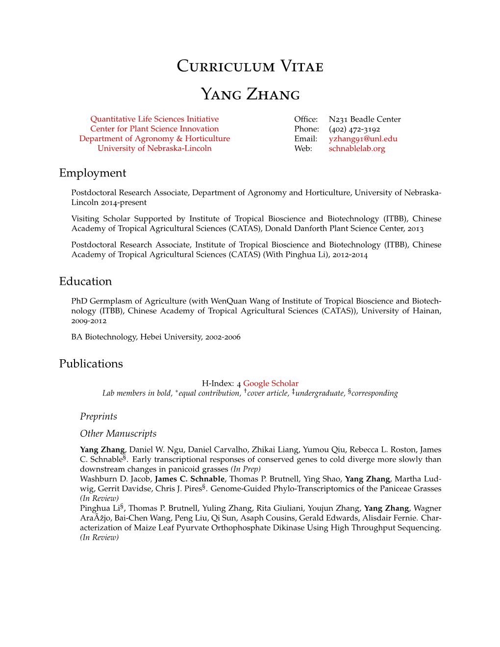 Yang Zhang: Curriculum Vitae