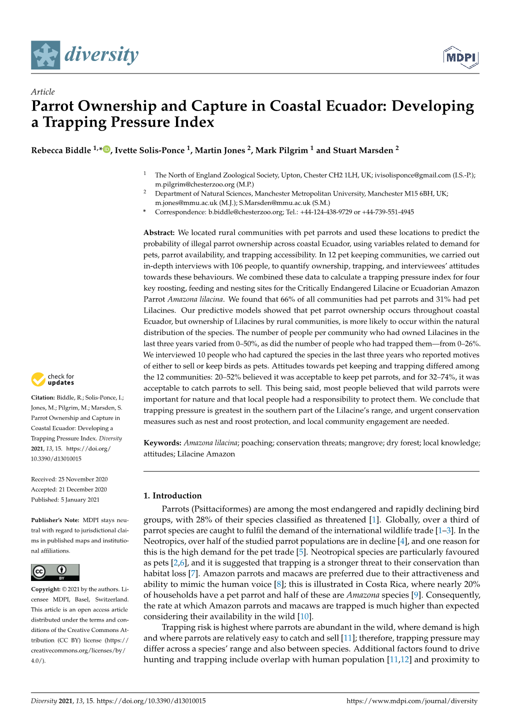 Parrot Ownership and Capture in Coastal Ecuador: Developing a Trapping Pressure Index