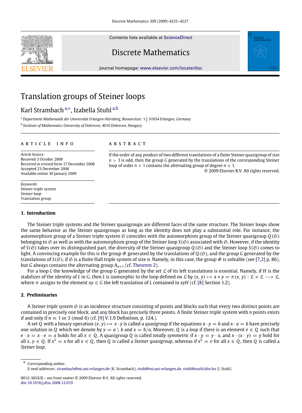 Discrete Mathematics Translation Groups of Steiner Loops