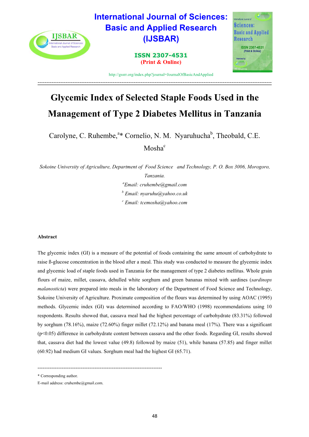 Glycemic Index of Selected Staple Foods Used in the Management of Type 2 Diabetes Mellitus in Tanzania