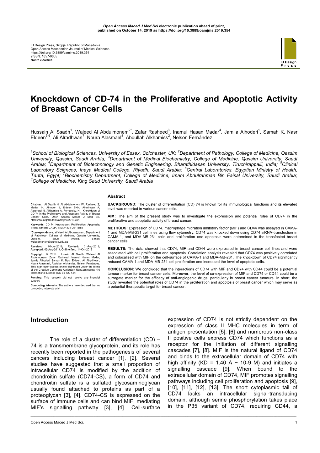 Knockdown of CD-74 in the Proliferative and Apoptotic Activity of Breast Cancer Cells