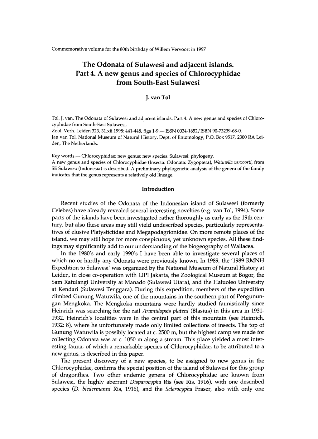 The Odonata of Sulawesi and Adjacent Islands. Part 4. a New Genus and Species of Chlorocyphidae from South-East Sulawesi