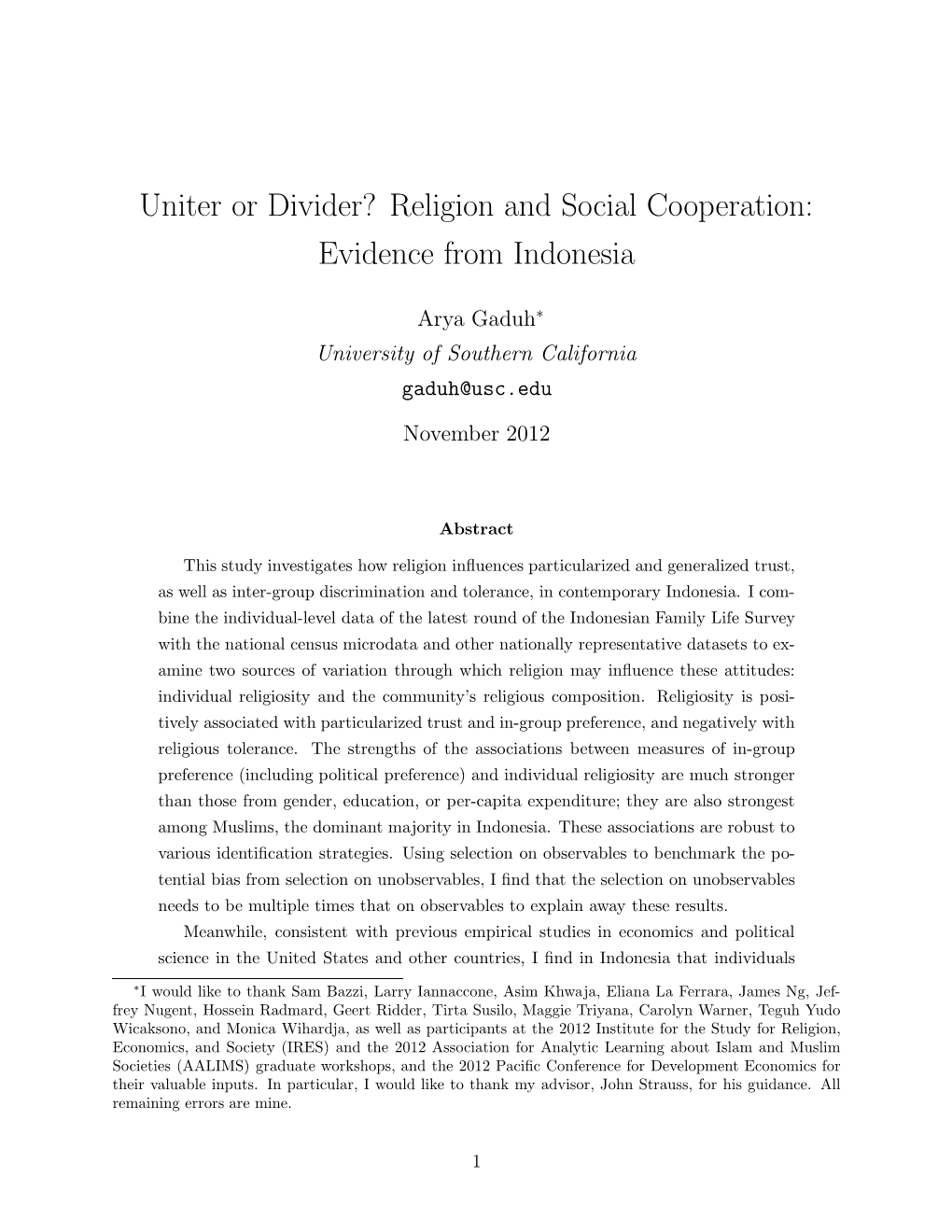 Religion and Social Cooperation: Evidence from Indonesia