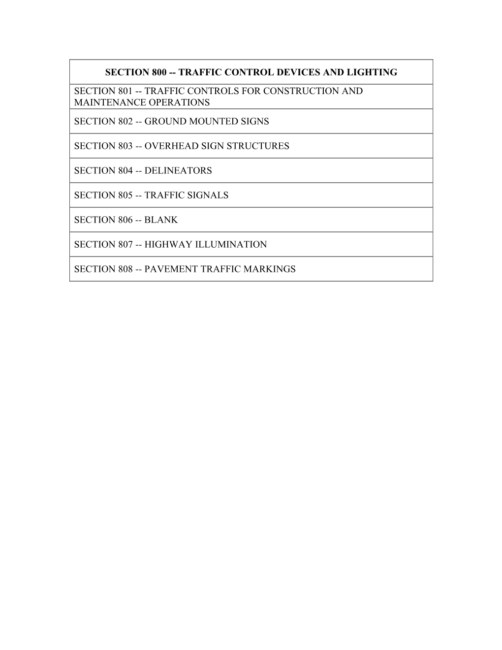 Traffic Control Devices and Lighting Section 801 -- Traffic Controls for Construction and Maintenance Operations Section 802 -- Ground Mounted Signs