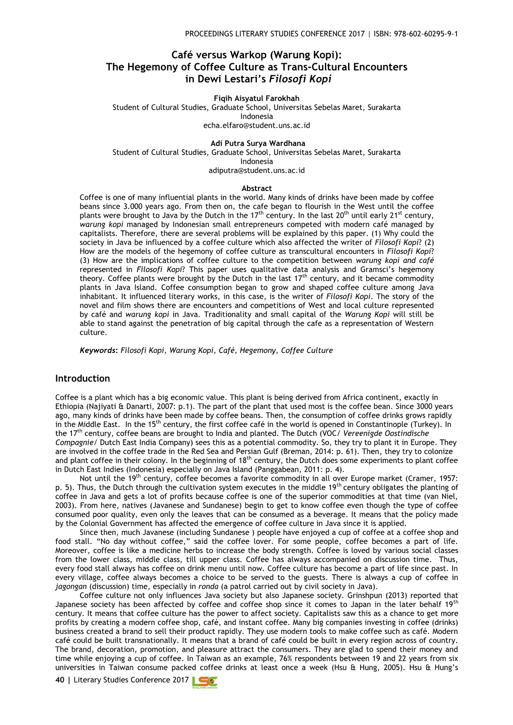 Café Versus Warkop (Warung Kopi): the Hegemony of Coffee Culture As Trans-Cultural Encounters in Dewi Lestari‟S Filosofi Kopi