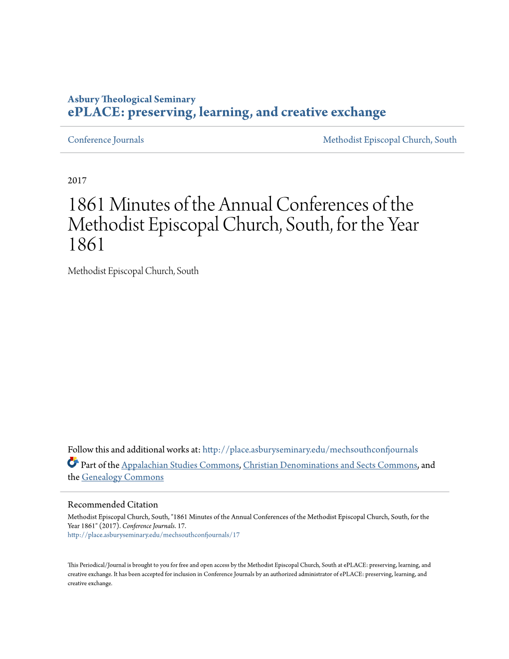 1861 Minutes of the Annual Conferences of the Methodist Episcopal Church, South, for the Year 1861 Methodist Episcopal Church, South